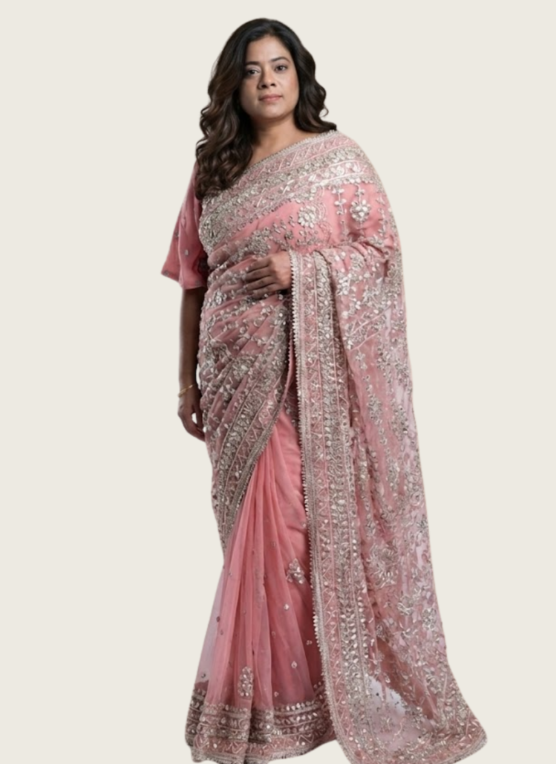 Pink Gotapatti Saree with Handmade Embroidery + Stitched Blouse & Petticoat