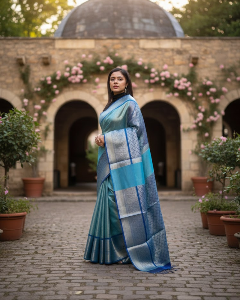 Tissue Saree – Elegant Silver Mari Work