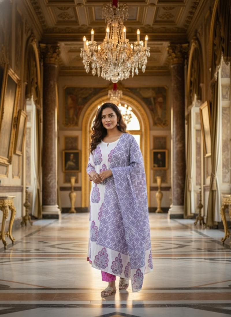 Cotton Block Printed Salwar Suit – White, Blue & Pink