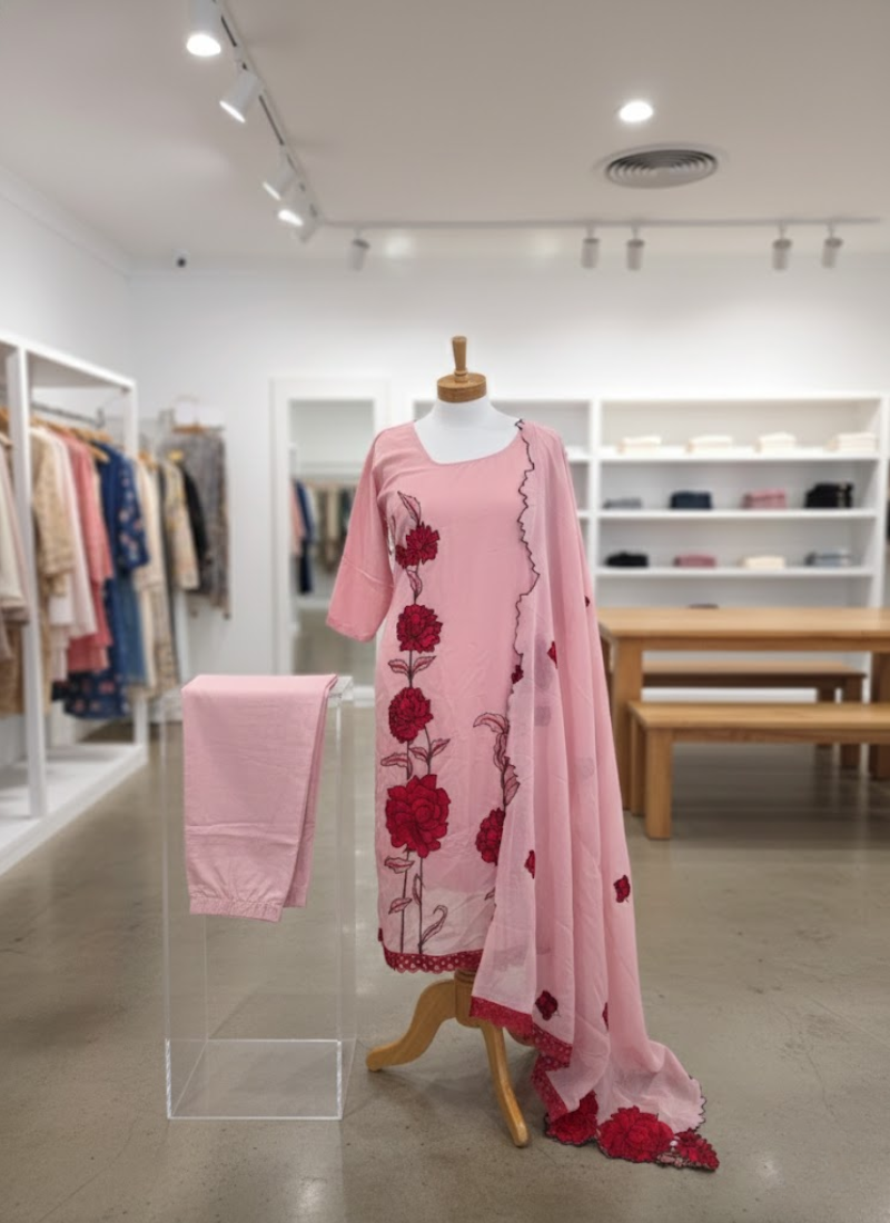 Pink Silk Organza Salwar Kameez with Floral Embroidery Dupatta