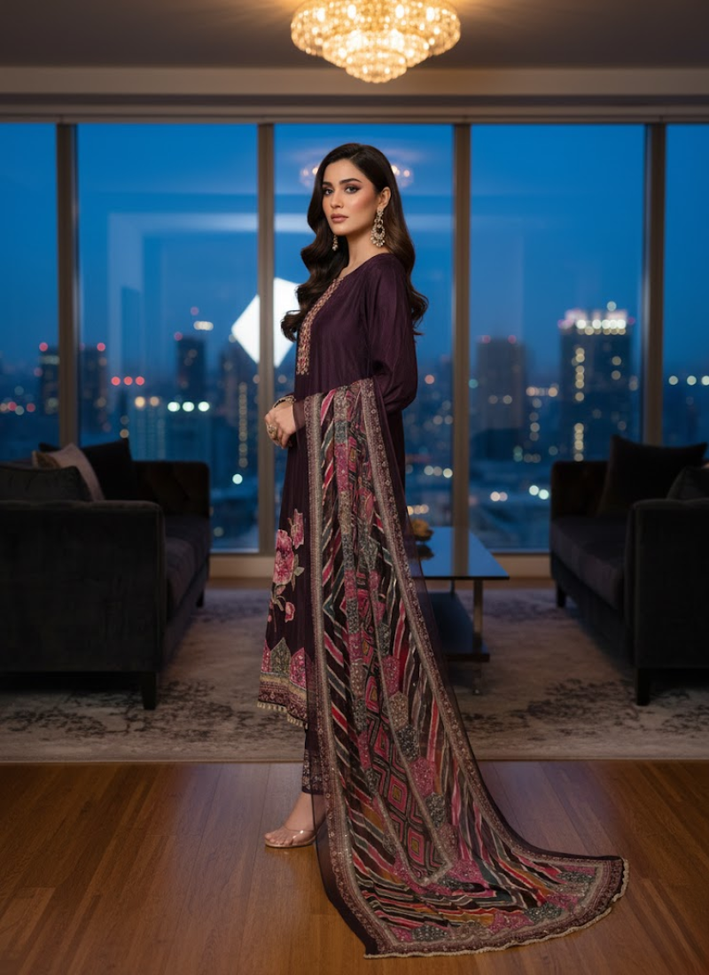Silk Salwar Suit – Hand Embroidery with Chiffon Dupatta