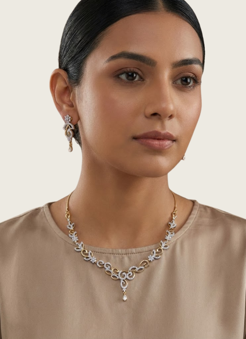 Silver & Gold Necklace Set with Earrings and Diamond Cut Stones | Gleemiumfashion jewelry sets