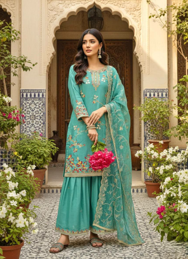GMY Silk Sharara Suit with Heavy Sequins & Dori Embroidery + Dupatta