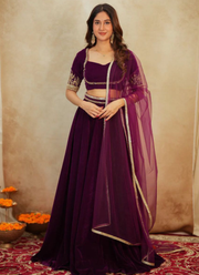 Velvet Lehenga Choli with Sequins & Dori Work + Net Dupatta (Flair 3.5m) 4