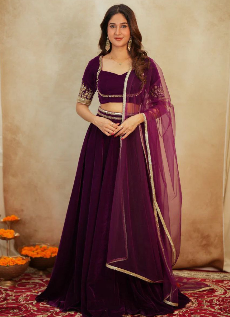 Velvet Lehenga Choli with Sequins & Dori Work + Net Dupatta