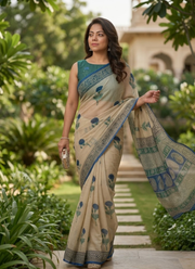 Bottle Green Vegetable Chiffon Saree – Floral Print with Blouse 4