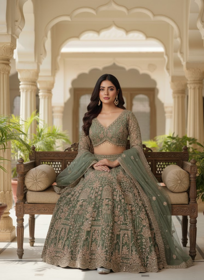 Premium Net Lehenga with Sequins Coding Work & Dupatta – Semi Stitched