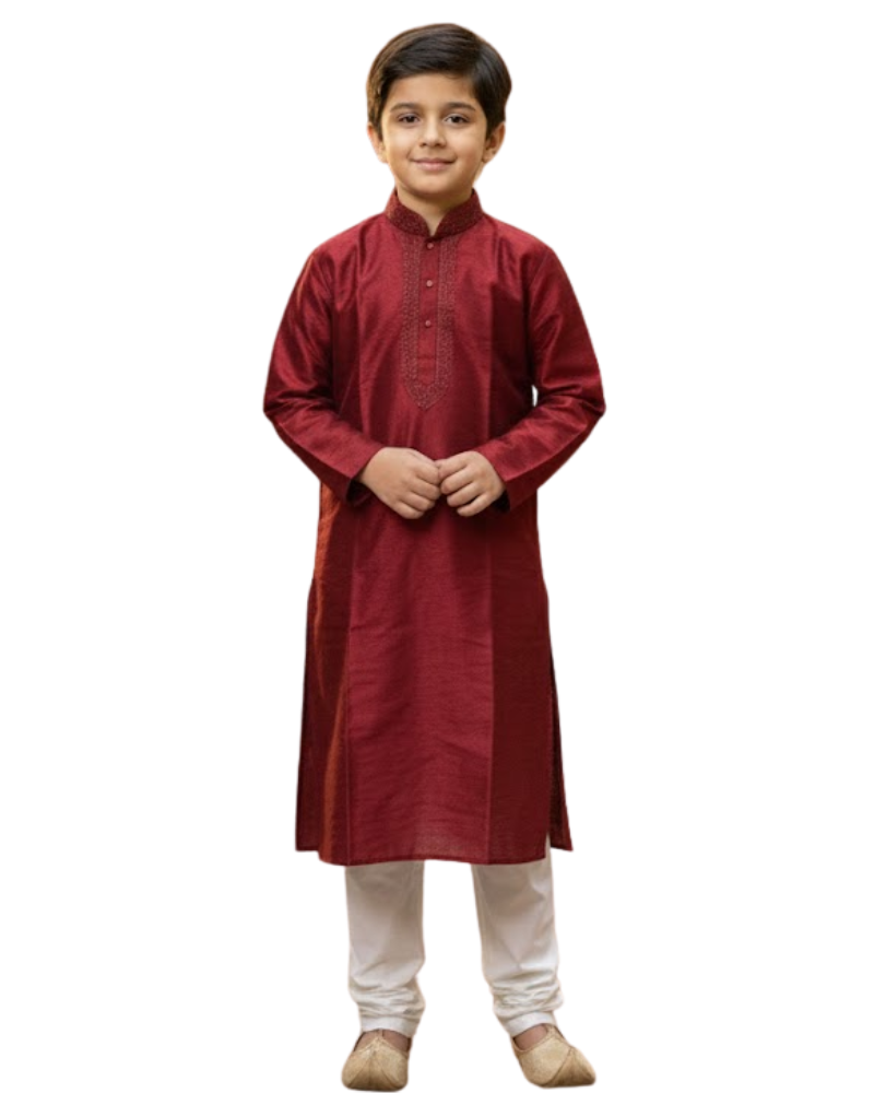 Kids Maroon Raw Silk Kurta with White Cotton Pyjama