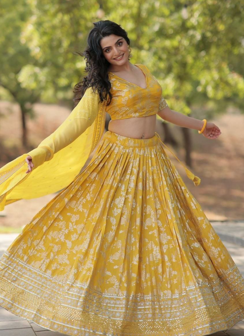 Viscose Jacquard Lehenga Choli with Sequins Embroidery + Russian Silk Dupatta