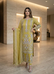 Lemon Yellow Pakistani Salwar Suit – Embroidered Organza with Dupatta 1