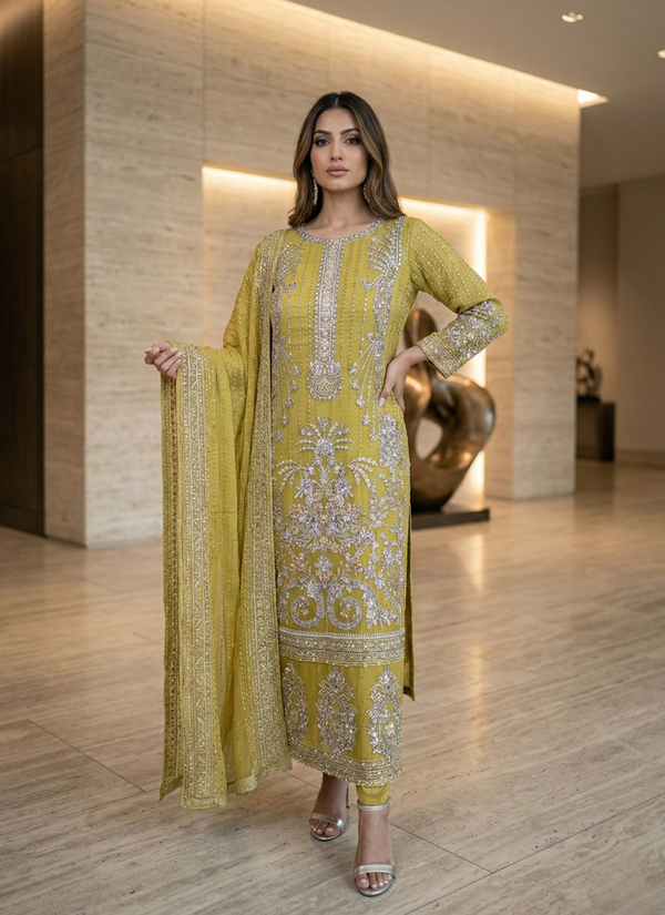 Lemon Yellow Pakistani Salwar Suit – Embroidered Organza with Dupatta - View 3