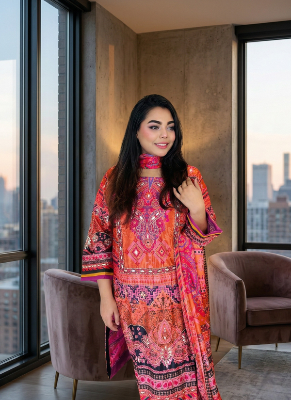 Orange Pink Chinon Silk Salwar Suit with Mirror Work