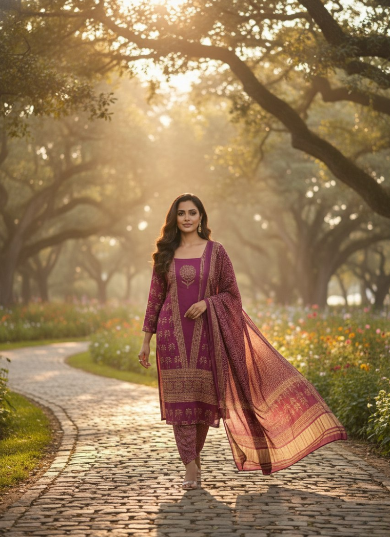 Pure Modal women’s Ajrak Salwar Suit – Kari Border Dupatta