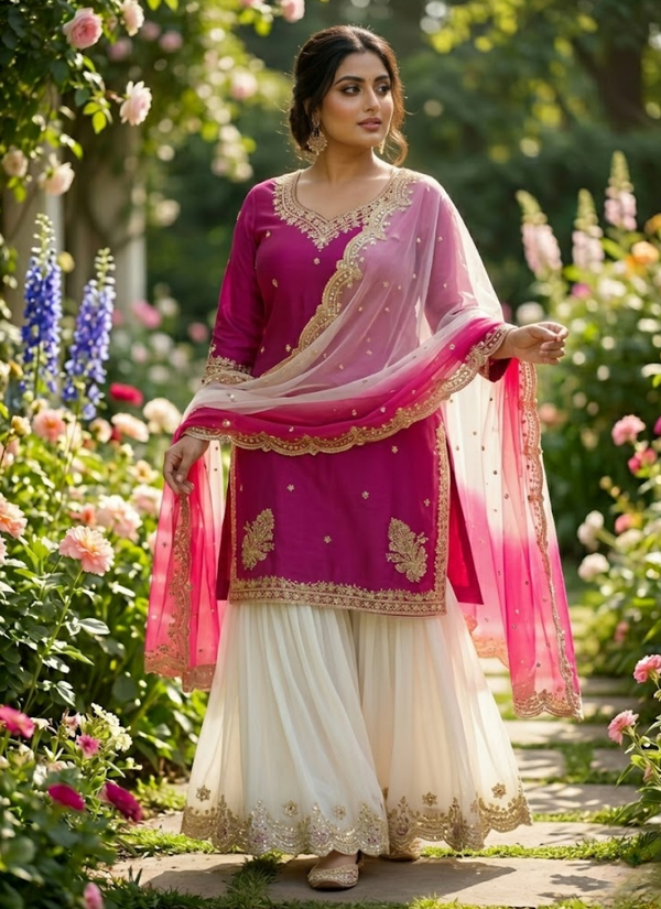 French Crepe Salwar Suit with Organza Dupatta