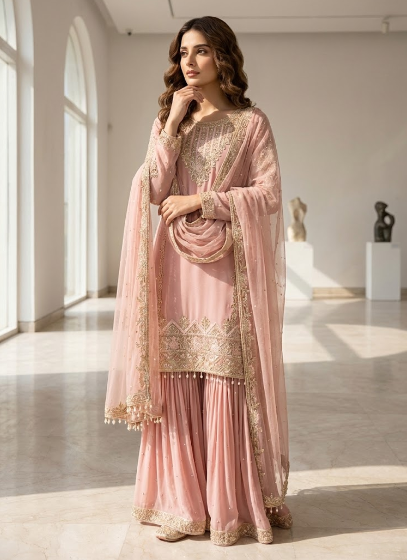 Faux Georgette Sharara Suit with Sequins & Pearl Moti Hand Work + Dupatta