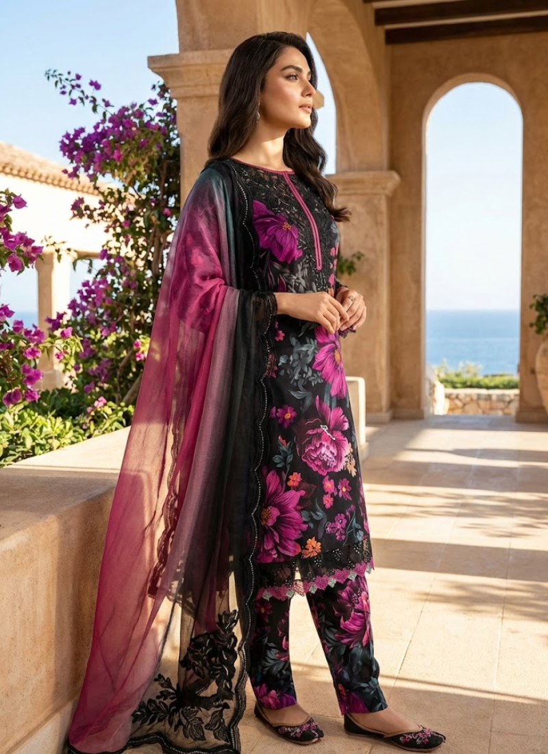 Pakistani Lawn Cotton Salwar Kameez with Chiffon Dupatta