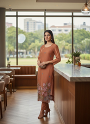 Crepe Silk Salwar Suit – Rust Orange with Floral Embroidery 4