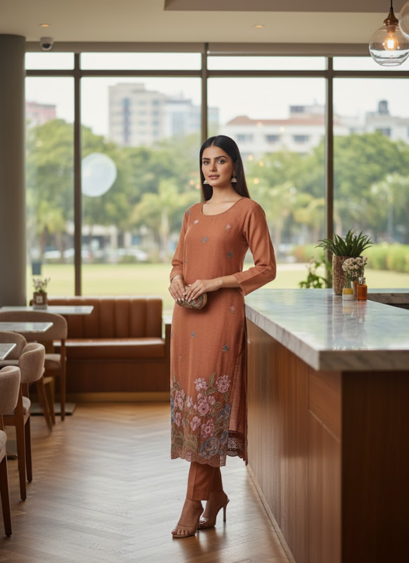 Crepe Silk Salwar Suit – Rust Orange with Floral Embroidery