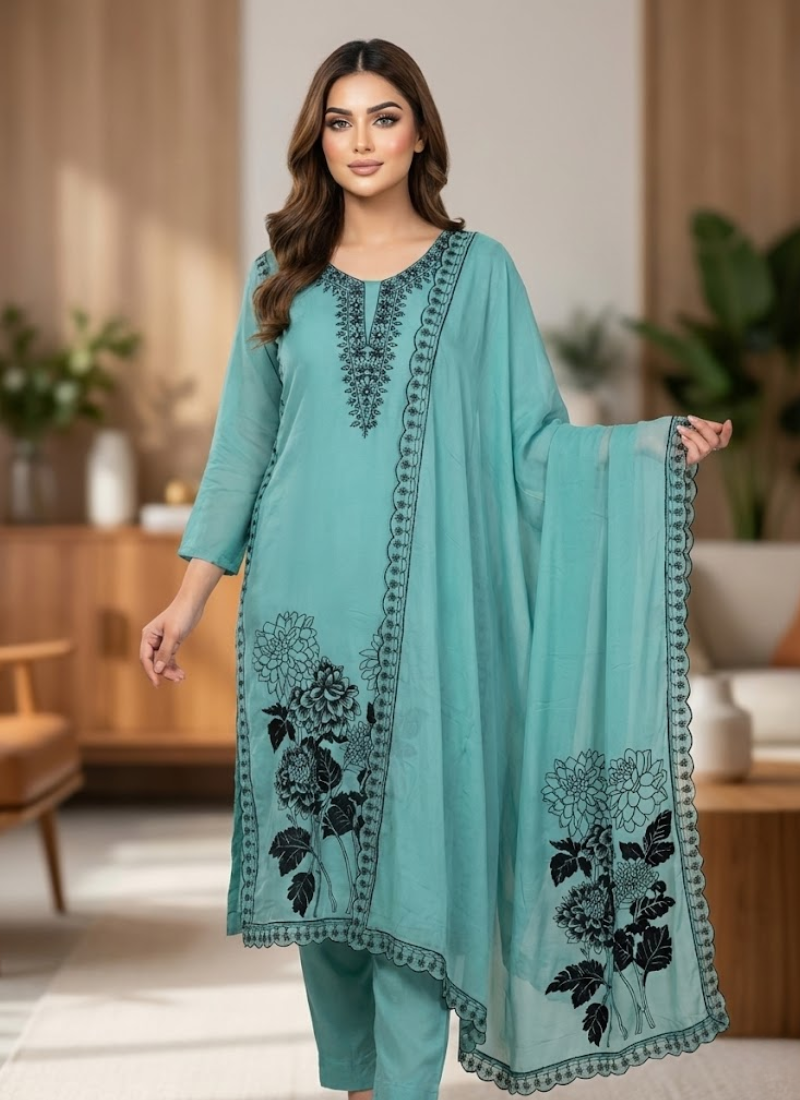 Pest Color Maslin Salwar Suit with Black Thread Embroidery