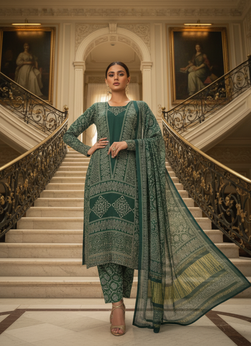 Green Ajrak Salwar Kameez – Pure Modal Fabric with Jari Border Dupatta