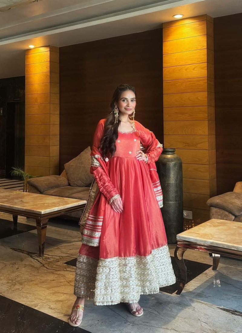 Anarkali Suit in Chinon Silk with Coding & Sequins Embroidery + Dupatta