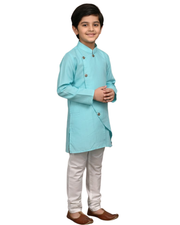 Kids Firoza Cotton Kurta with Embroidery & White Cotton Pyjama 1