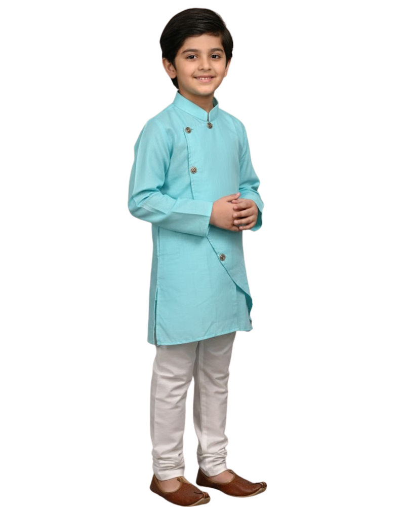Kids Firoza Cotton Kurta with Embroidery & White Cotton Pyjama