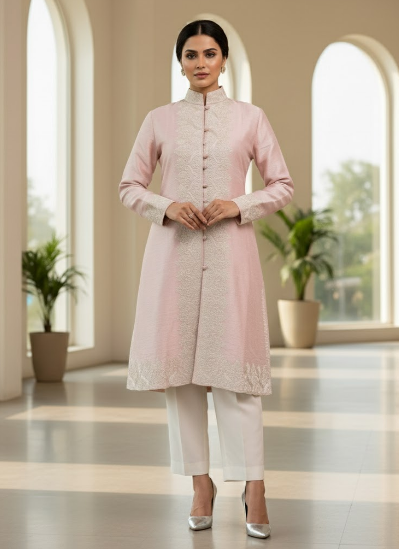 Light Pink Winter Kashmiri Long Coat for Women – Silk with Embroidery
