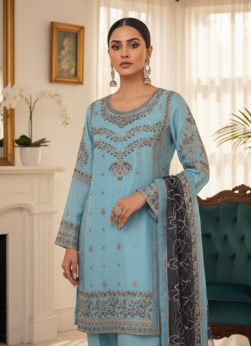 Pakistan Salwar Suit – Light Blue & Navy with Embroidery