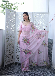 Soft Tebby Silk Saree with Floral Print & Katdana Handwork + Jalpari Silk Blouse 4