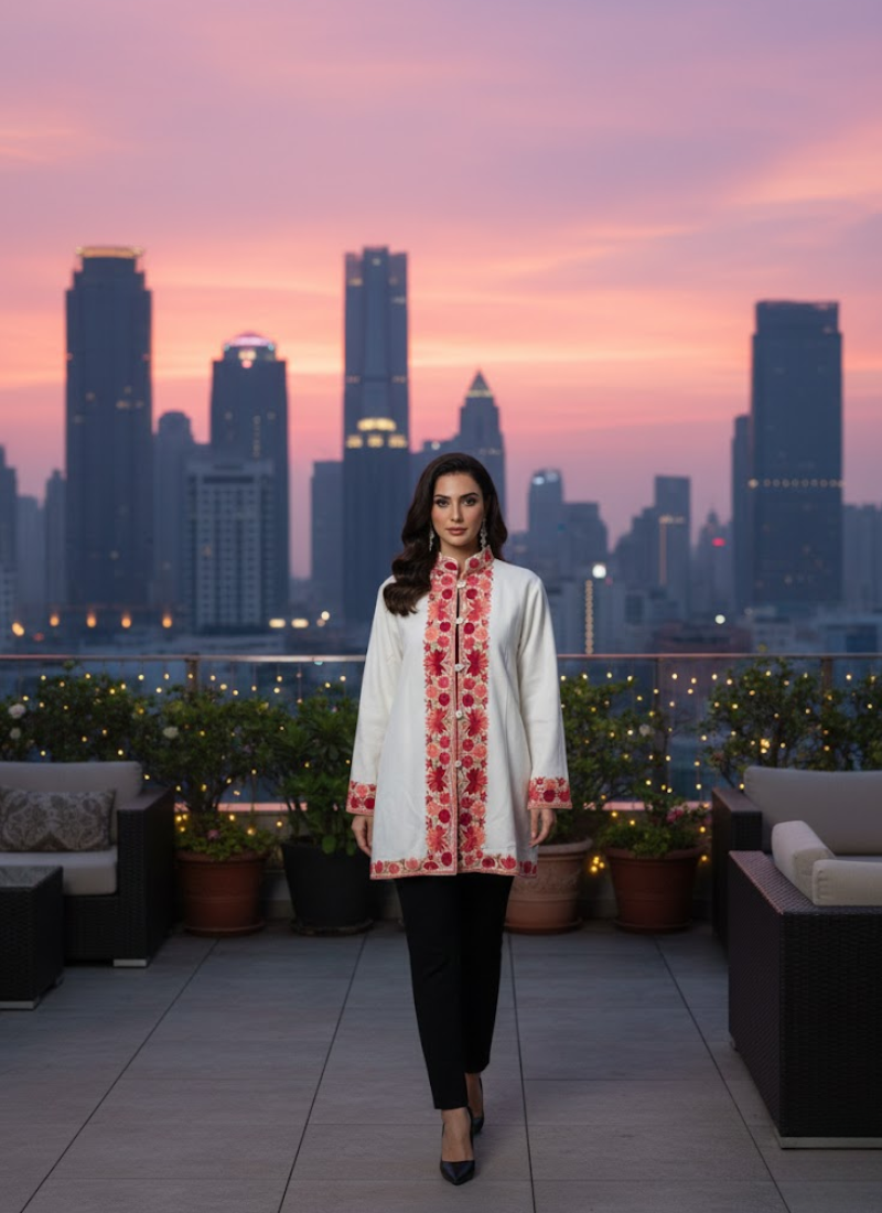 Kashmiri Pashmina Half Coat – Embroidered White