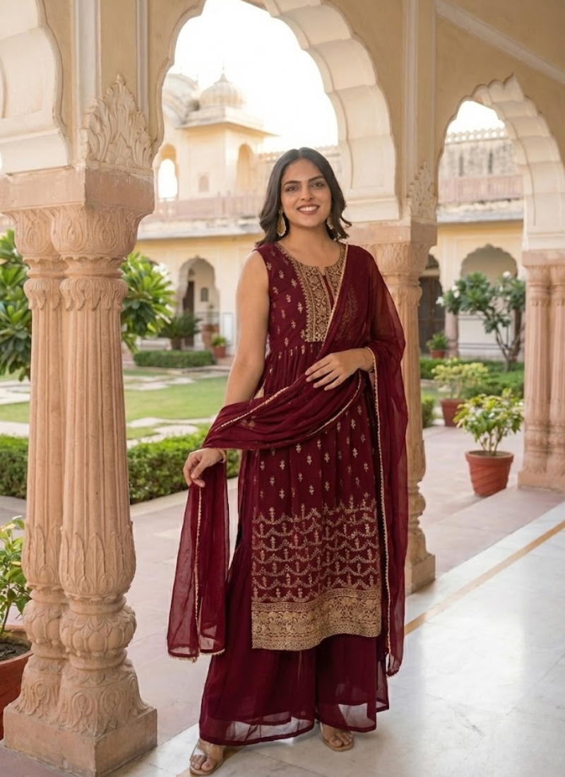 Georgette Sharara/Gharara Salwar Suit - Embroidery & Dupatta