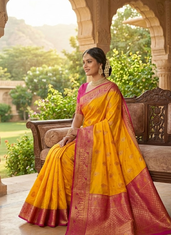 Bright Yellow Katan Silk Saree – Mina Work