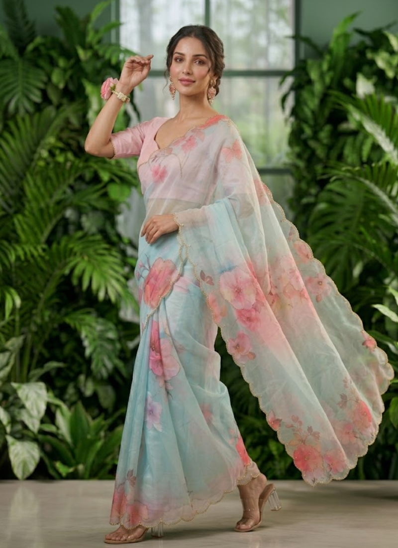 Pastel Maslin Saree with Pipe Sequins Hand Work