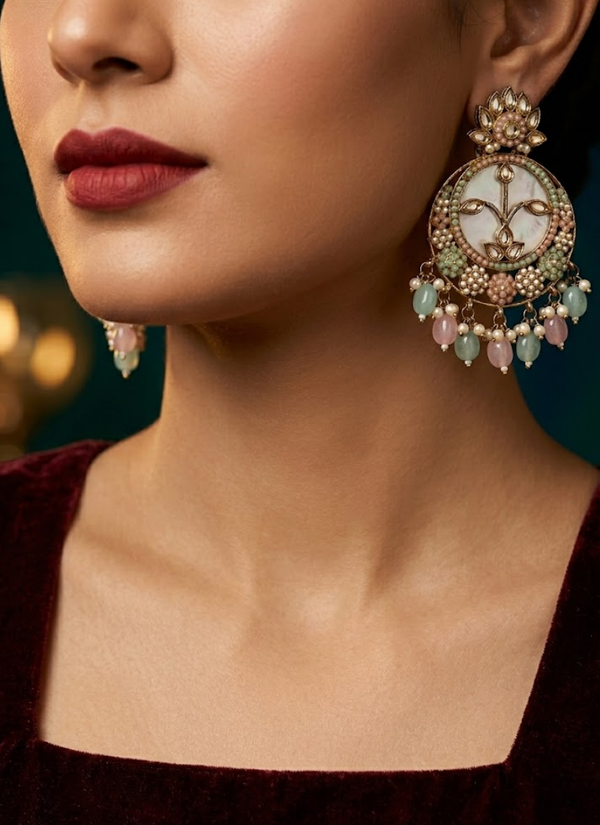 Sea Green with Baby Pink Kundan Chandbali