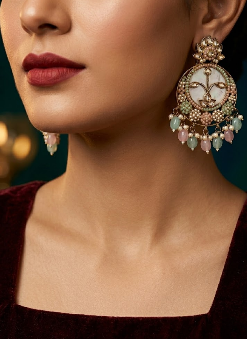 Sea Green with Baby Pink Kundan Chandbali - View 3