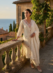 White Khadi Cotton Punjabi Suit with Embroidery & Zig‑Zag Dupatta 3