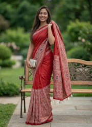 Ajrak Printed Silk Saree – Digital Print with Real Mirror Handwork & Satin Blouse 4