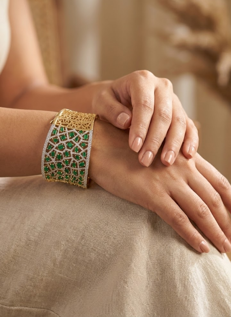 Diamond Cut Stone Bracelet with White & Green Setting Diamond cut stone bracelet for women with white and green accents, bridal jewelry in silver finish.