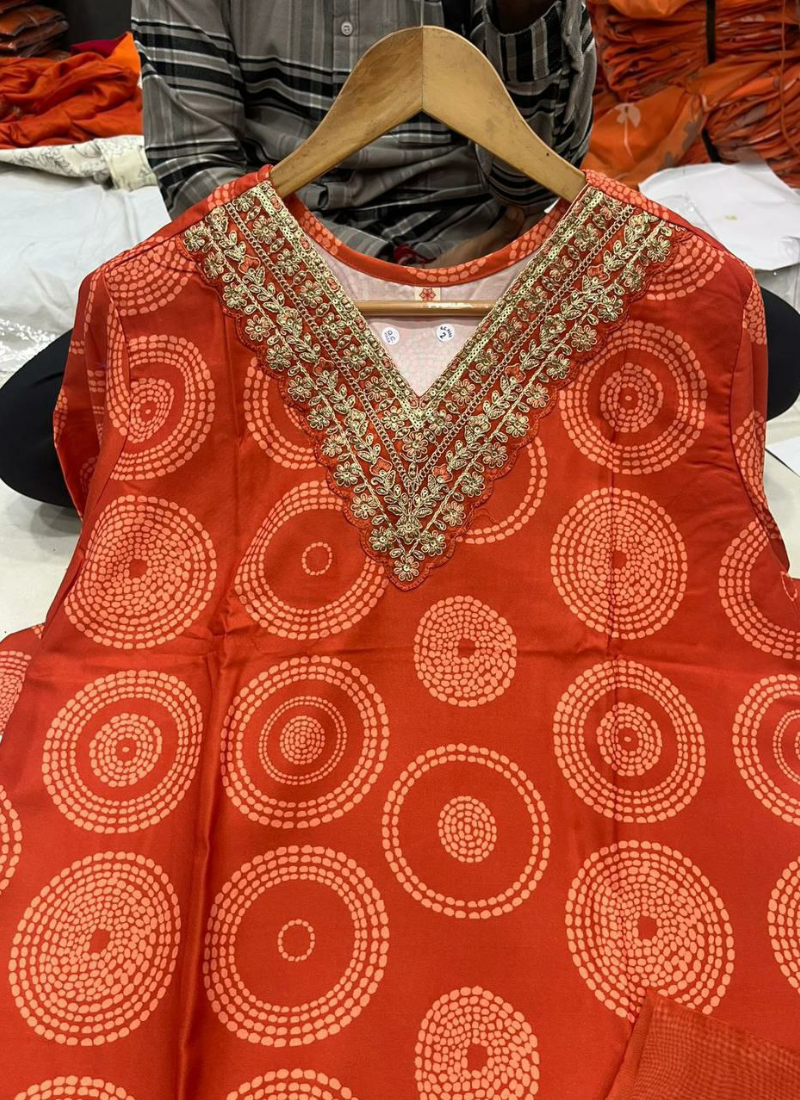 Orange Rayon Punjabi Suit with Embroidery & Taby Dupatta