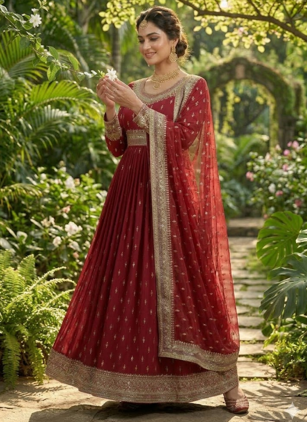 Heavy Chinon Silk Gown Set with Butterfly Net Dupatta