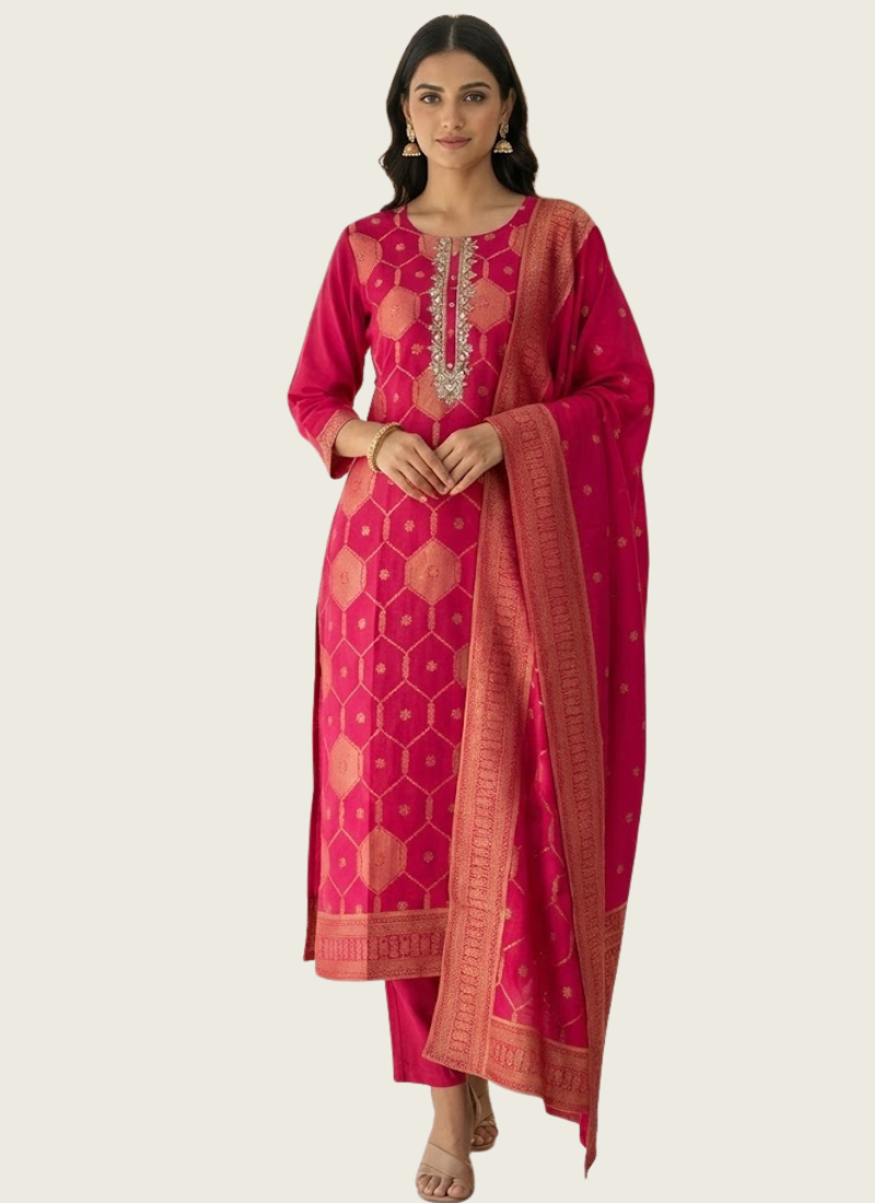 Pure Banarasi Punjabi Suit with Maharaja Silk Pant & Dupatta | Gleemiumfashion 