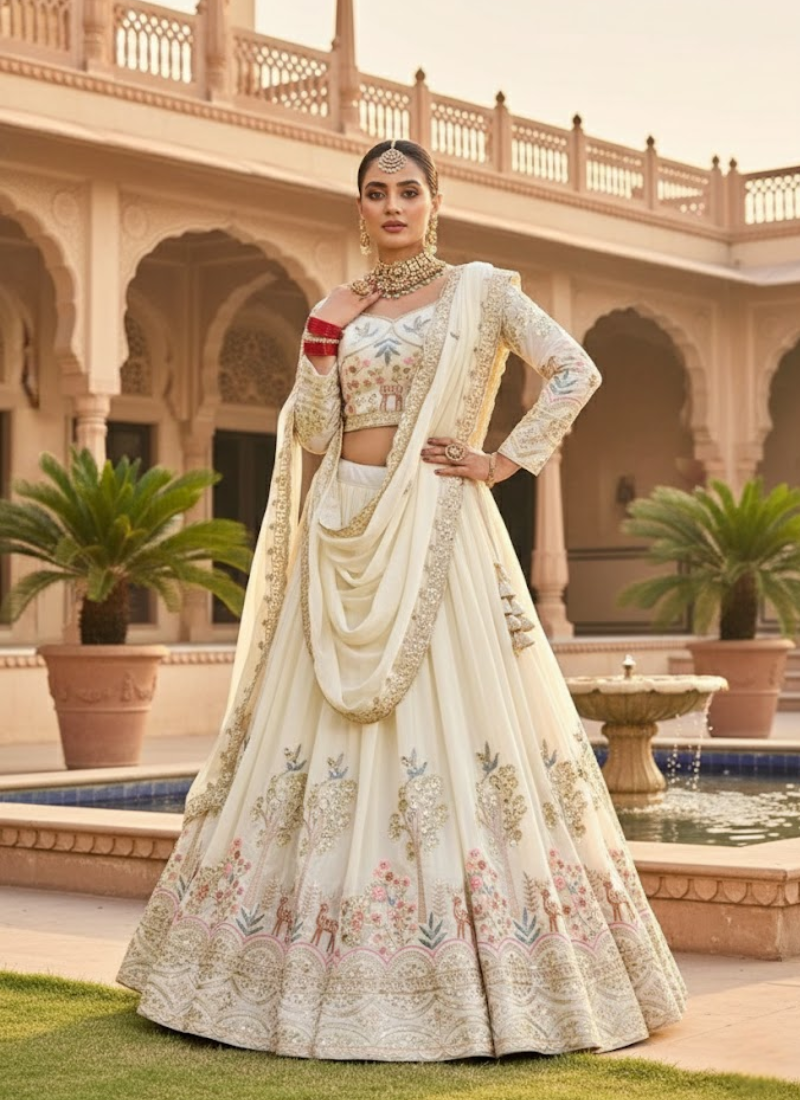 Pure Vichitra Embroidered Lehenga Choli Set