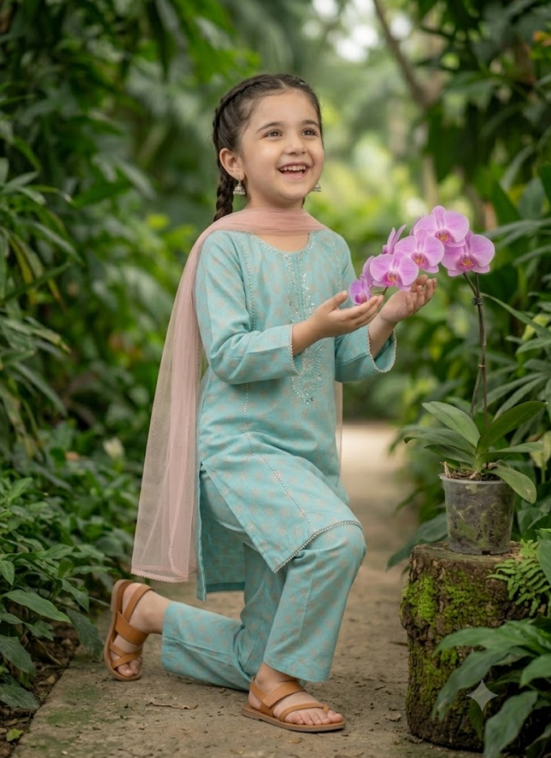 Girl’s Cotton Midi Shirt Set – Embroidery Work