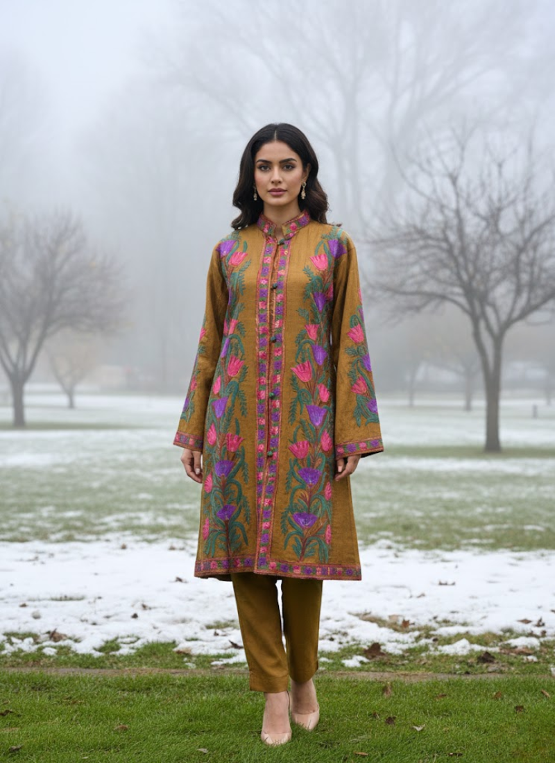 Kashmiri Raw Silk Coat – Metalik Gold Embroidered