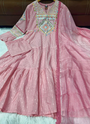 Pink Anarkali Suit in Flex Butti Cotton with Embroidery + Kota Dupatta 7