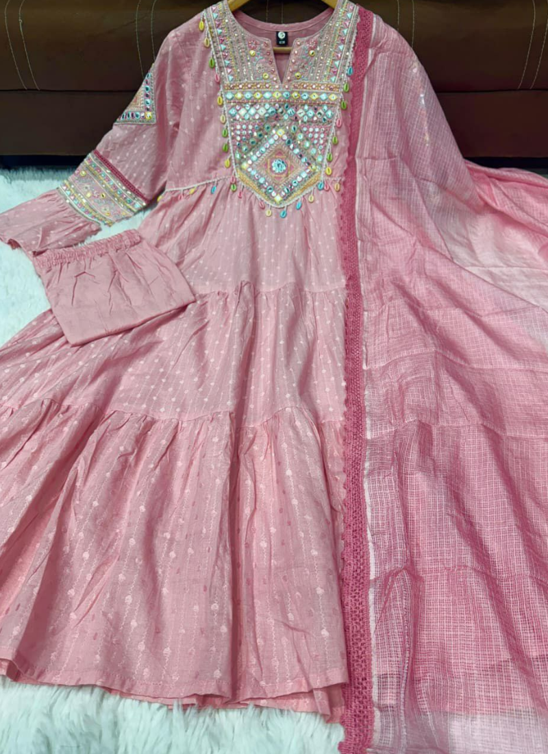 Pink Anarkali Suit in Flex Butti Cotton with Embroidery + Kota Dupatta