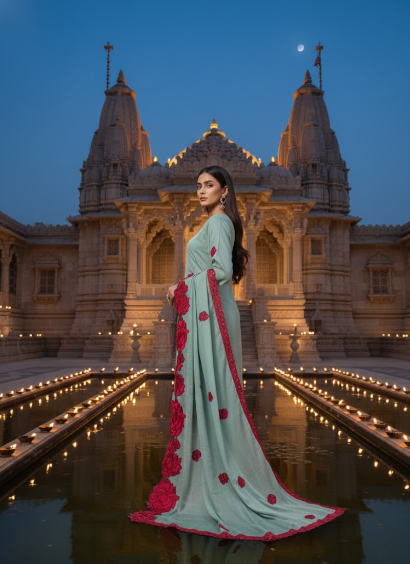 Blue Silk Organza Salwar Kameez with Floral Embroidery Dupatta