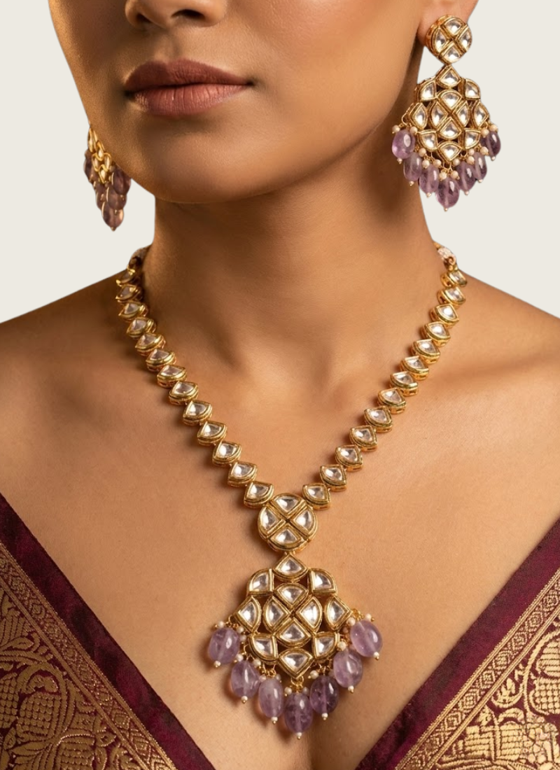 Long Kundan Necklace with Earrings – Light Purple Beads | GleemiumFashion Jewellery