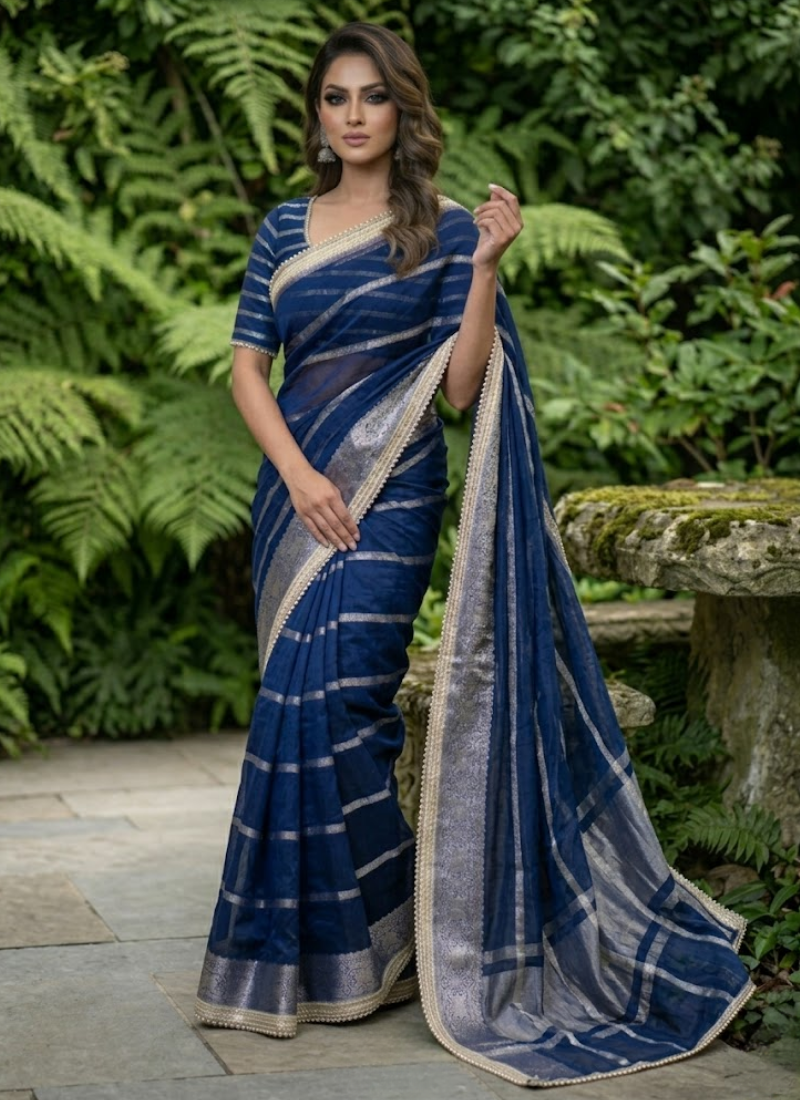 Navy Blue Banarasi Organza Saree with Blouse Piece